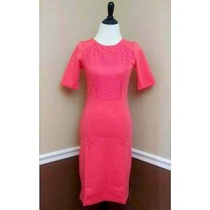 Coral Pink Midi Dress with Half Sleeves & Lace Form Fit DE Collection Barbiecore